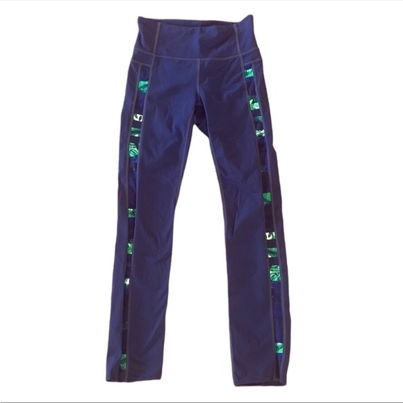 Athleta Flow Skinny Up Navy Leaf Print Stripe Workout Yoga Pant Leggings Size XS - Picture 3 of 8